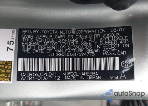 2008 Toyota Prius from USA, damaged, VIN JTDKB20U287694775